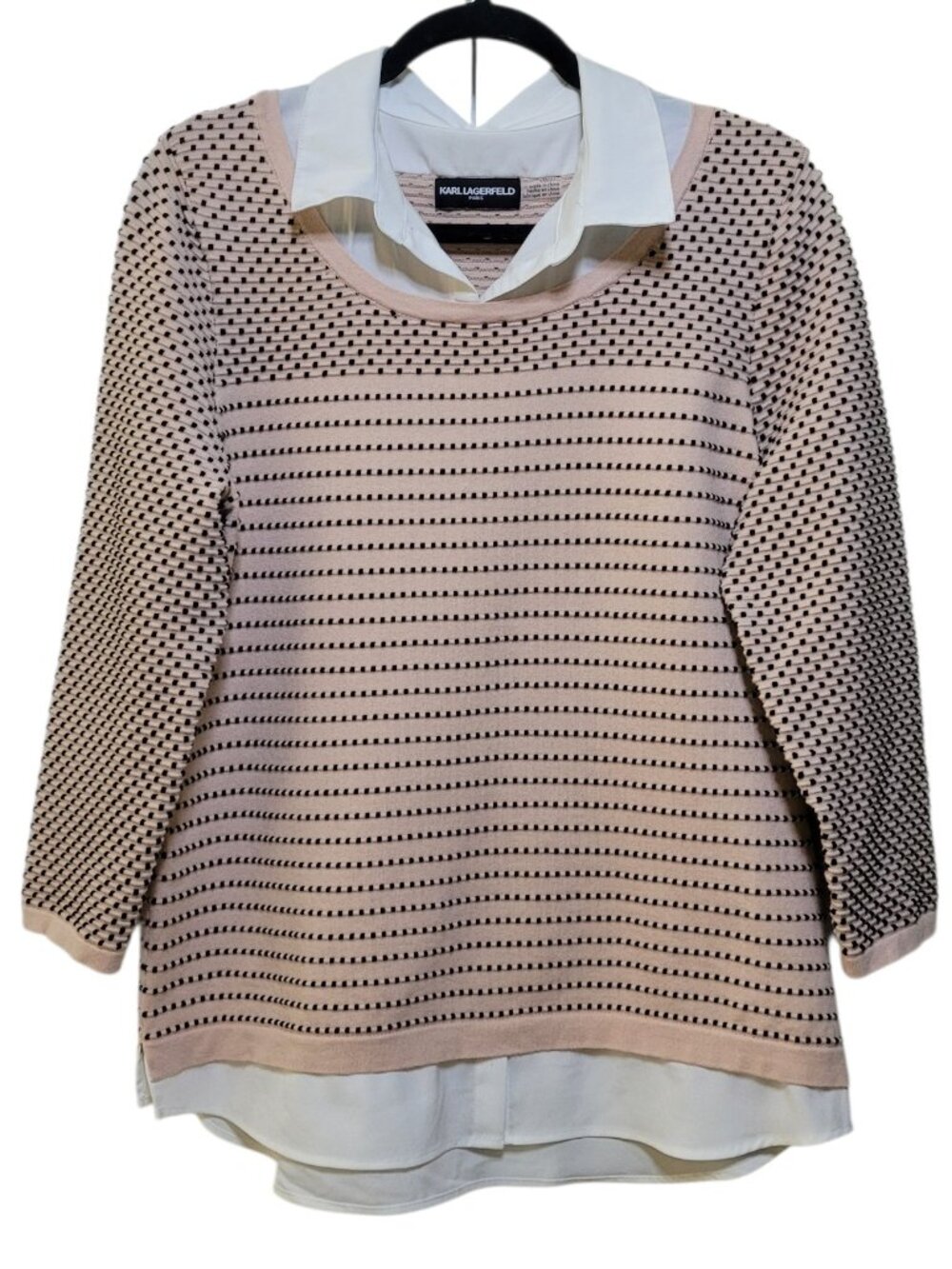 Karl Lagerfeld Paris Pink Dotted Knit Striped Twofer Layered Sweater Medium